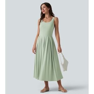 Halara Breezeful Backless Pleated Midi Dress Mint Green Built-in Bra Pockets L